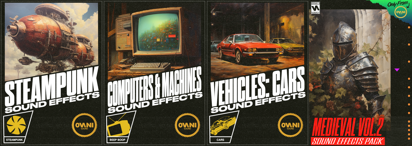 xxx-8/6/2024 Weekly Wav - Giant Metallic Opening (Weekly WAV), Steampunk Sound FX Pack, Computers & Machinery Sound FX Pack, Vehicles: Cars Sound FX Pack, Medieval Sound FX Pack Vol. 2 - Ovani Sound