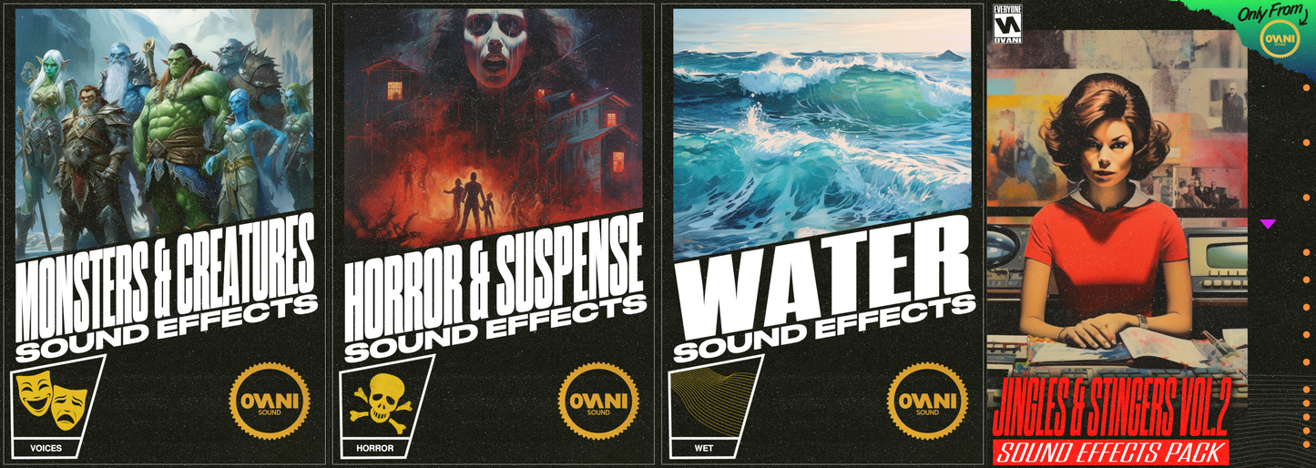 xxx-9/13/2024 Weekly Wav - Glitch Warp Weekly WAV, Monsters & Creatures, Horror & Suspense, Water Vol. 1, and Jingles & Stingers Vol. 2 Sound FX Packs Bundle - Ovani Sound