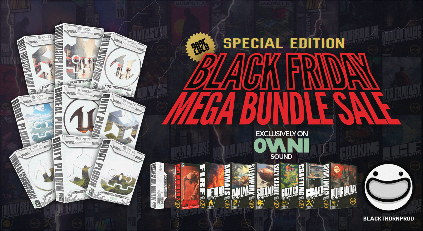 Black Friday mega bundle sale advertisement with product packages on a dark background