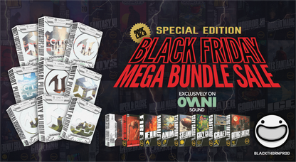 Black Friday mega bundle sale advertisement with product packages on a dark background